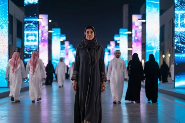 امرأة سعودية بالعباءة التقليدية في ممر مضيء ليلاً