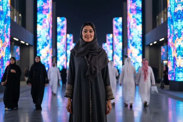 امرأة عربية ترتدي عباءة في ممشى حديث مضاء بشاشات ملونة