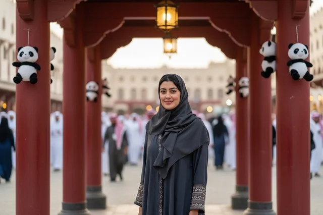 امرأة قطرية بالعباءة السوداء في سوق واقف بالدوحة