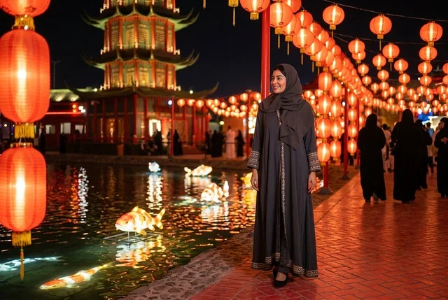 Arab Woman Standing Near Chinese Lanterns at Night