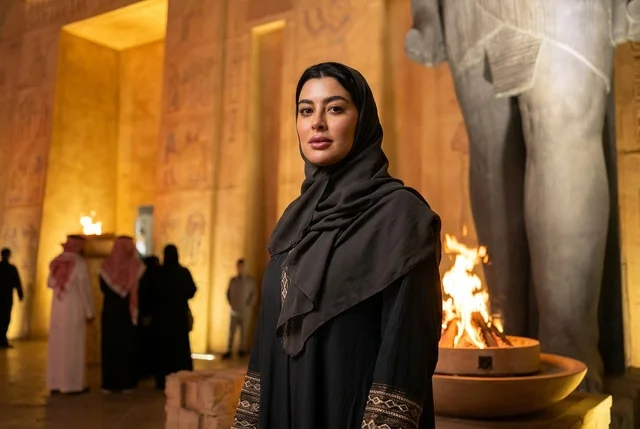 امرأة سعودية بالعباءة السوداء داخل متحف تاريخي