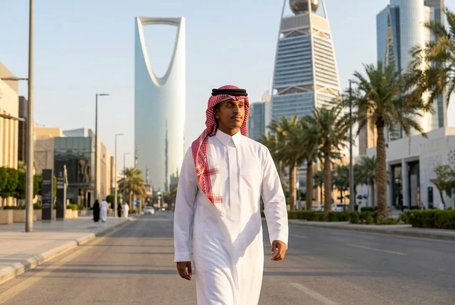 Saudi Man Walking on Riyadh Street with Skyline