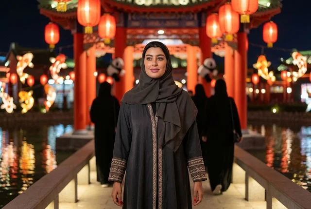امرأة عربية بالعباءة مع فوانيس صينية ليلاً