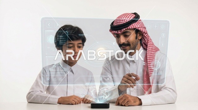 أب سعودي مع ابنه يتفاعلان مع شاشة هولوغرام مستقبلية