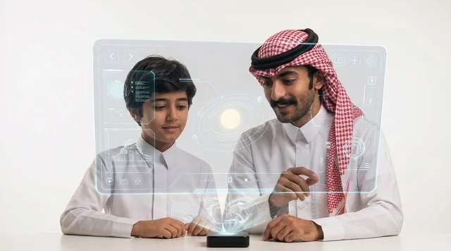 أب سعودي مع ابنه يتفاعلان مع شاشة هولوغرام مستقبلية