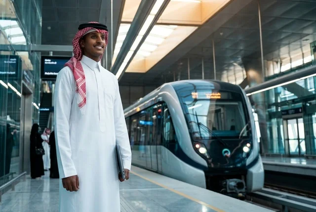 رجل أعمال سعودي مع كمبيوتر محمول في محطة قطار حديثة