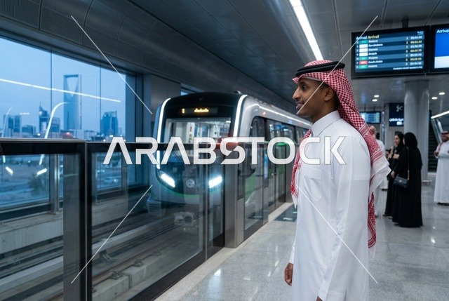 رجل سعودي في محطة مترو الرياض مع قطار حديث