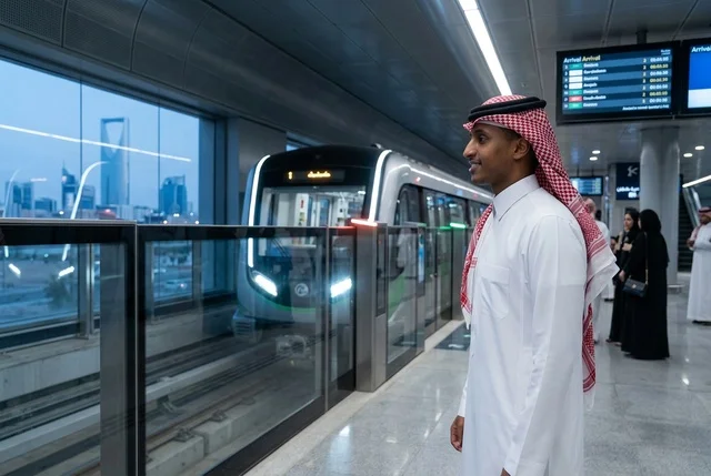 رجل سعودي في محطة مترو الرياض مع قطار حديث
