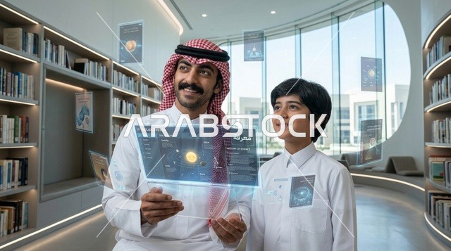 معلم وطالب سعودي يستخدمان شاشة مستقبلية في المكتبة