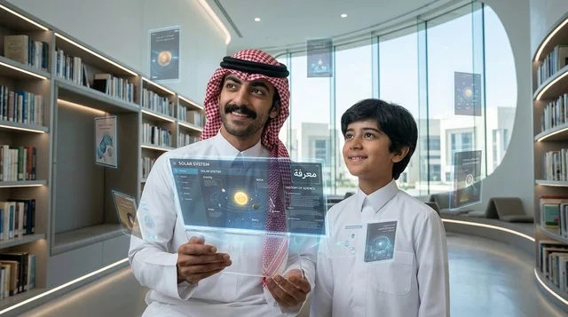 معلم وطالب سعودي يستخدمان شاشة مستقبلية في المكتبة