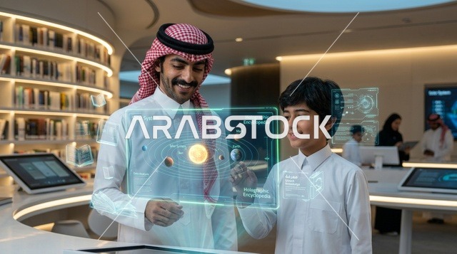 أب سعودي وابنه يستخدمان تقنية الهولوغرام في مكتبة حديثة