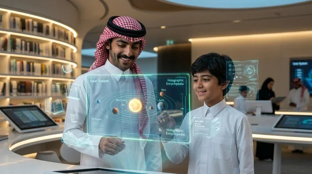 أب سعودي وابنه يستخدمان تقنية الهولوغرام في مكتبة حديثة