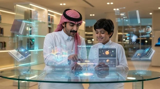 أب سعودي وابنه يدرسان بتقنية الهولوجرام التفاعلية