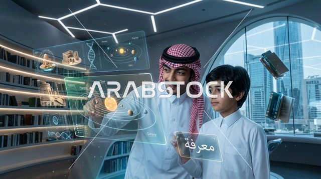 معلم سعودي يعلم طفلاً باستخدام شاشات هولوغرام ذكية