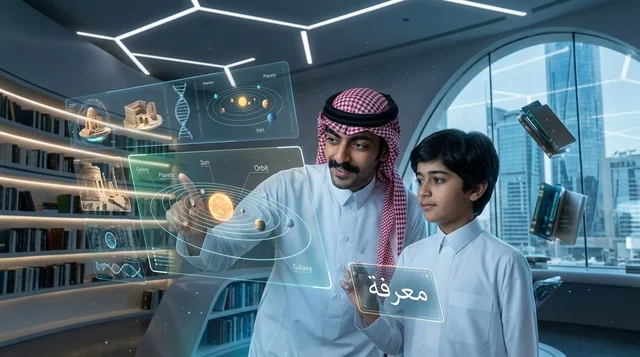 معلم سعودي يعلم طفلاً باستخدام شاشات هولوغرام ذكية