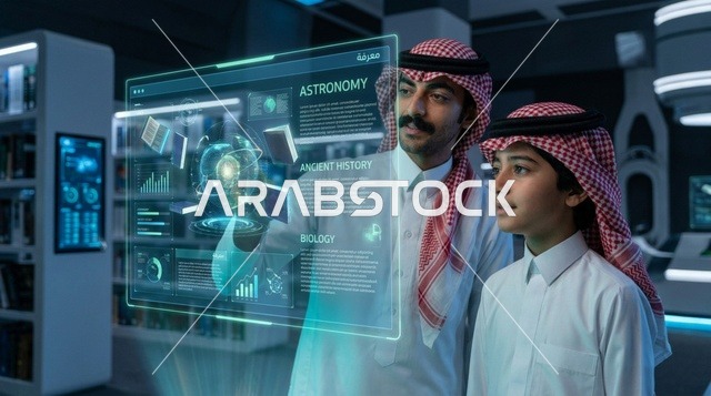 أب وابنه سعوديان يستخدمان شاشة هولوجرام تفاعلية في مكتبة