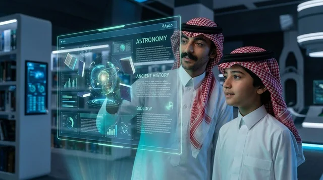 أب وابنه سعوديان يستخدمان شاشة هولوجرام تفاعلية في مكتبة