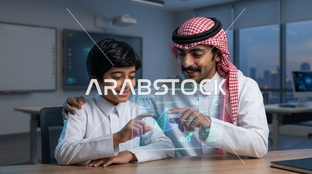 معلم وطالب عربي يستخدمان تقنية الهولوغرام التعليمية