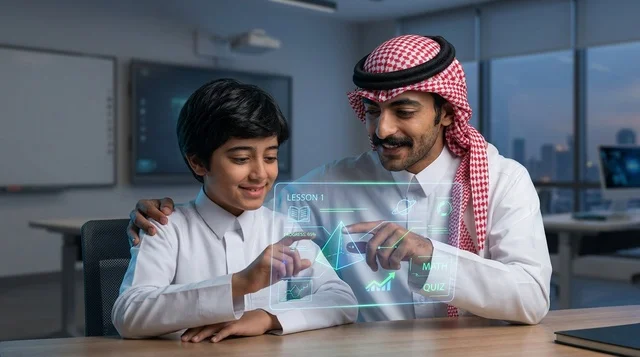 معلم وطالب عربي يستخدمان تقنية الهولوغرام التعليمية