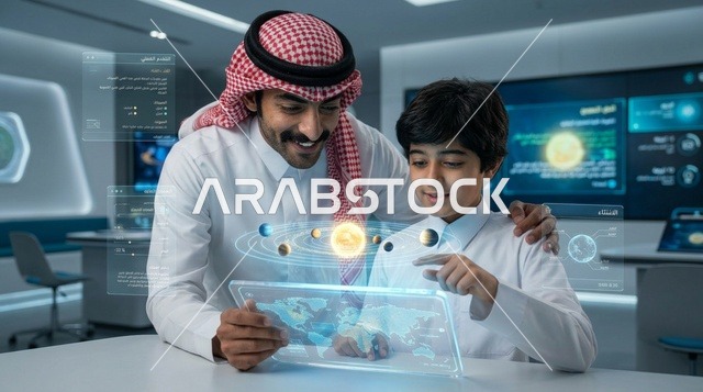 أب سعودي وابنه يتعلمان باستخدام الهولوجرام المستقبلي