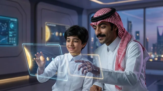 تعليم تكنولوجي مستقبلي لرجل وطفل سعودي في الرياض