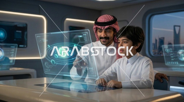 Saudi Father and Son Using Futuristic Hologram in Riyadh