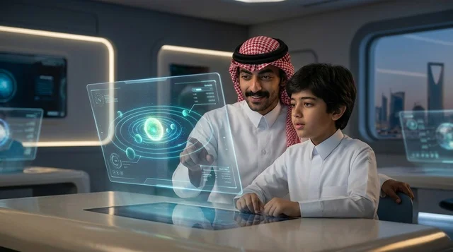 رجل سعودي مع ابنه يستخدمان هولوغرام تعليمي مستقبلي