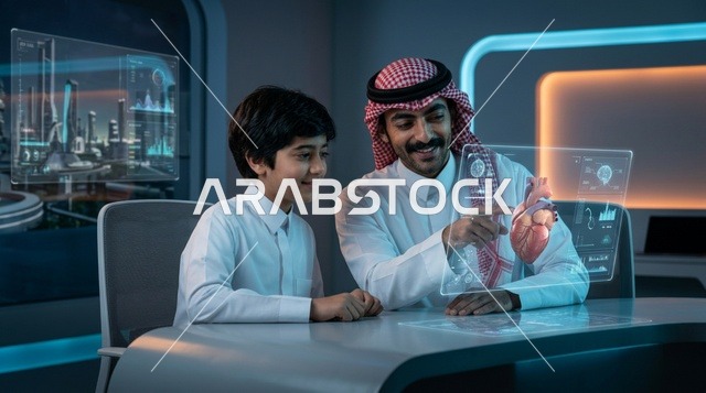 رجل سعودي يشرح تشريح القلب ثلاثي الأبعاد للطفل