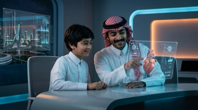 رجل سعودي يشرح تشريح القلب ثلاثي الأبعاد للطفل