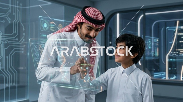 رجل سعودي وطفل يدرسان الحمض النووي بشاشة هولوغرام تفاعلية