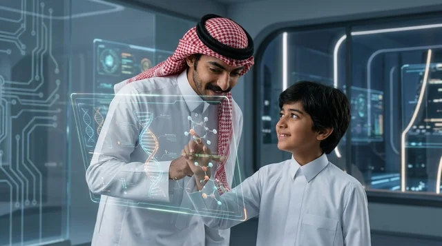 رجل سعودي وطفل يدرسان الحمض النووي بشاشة هولوغرام تفاعلية