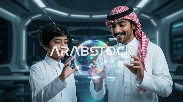 رجل سعودي وطفل يدرسان مجسم الكرة الأرضية الهولوغرافي