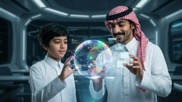 رجل سعودي وطفل يدرسان مجسم الكرة الأرضية الهولوغرافي