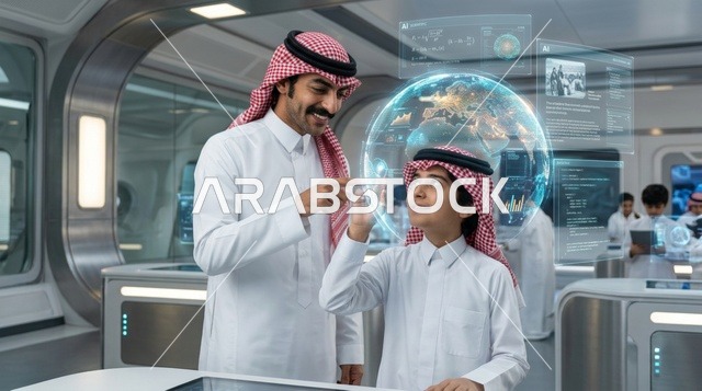 أب سعودي يعلم ابنه باستخدام تقنية الهولوجرام التفاعلية