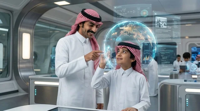 أب سعودي يعلم ابنه باستخدام تقنية الهولوجرام التفاعلية