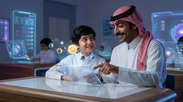 معلم سعودي وطالب في فصل دراسي مستقبلي مع تقنيات الهولوغرام
