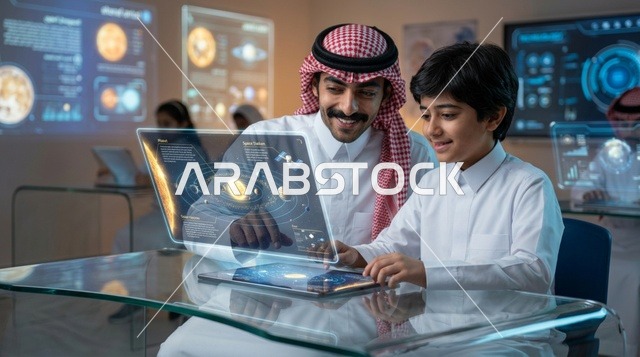 أب وابنه يدرسان النظام الشمسي ثلاثي الأبعاد