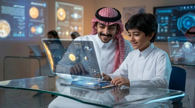 أب وابنه يدرسان النظام الشمسي ثلاثي الأبعاد