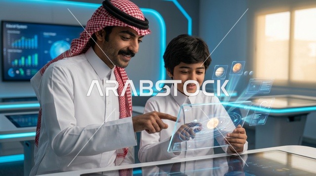 رجل سعودي وطفل يستخدمان تقنية الهولوجرام المستقبلية