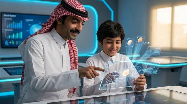 رجل سعودي وطفل يستخدمان تقنية الهولوجرام المستقبلية