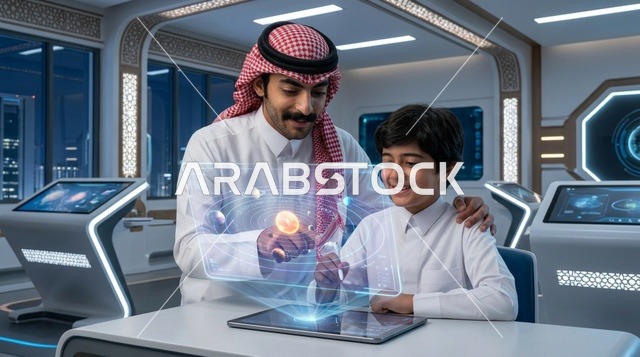 أب وابنه سعوديان يستخدمان تقنية الهولوغرام في التعليم