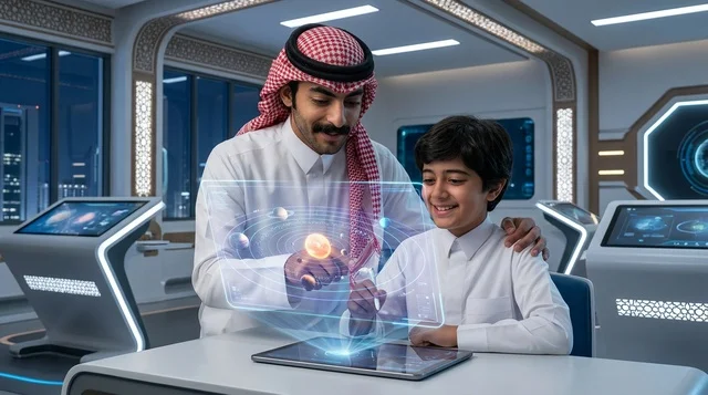 أب وابنه سعوديان يستخدمان تقنية الهولوغرام في التعليم