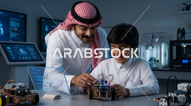معلم عربي يوجه طفلاً في تركيب الروبوتات