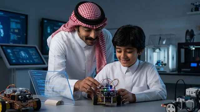 معلم عربي يوجه طفلاً في تركيب الروبوتات