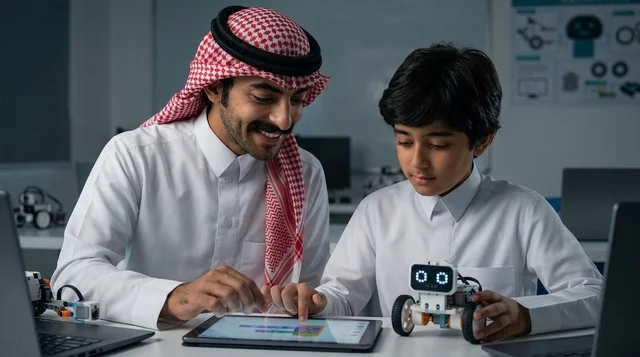 معلم وطالب سعودي يبرمجان روبوت في الفصل الدراسي