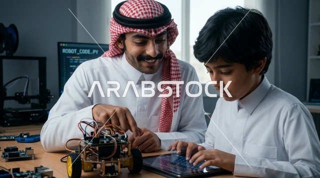 أب سعودي وابنه يتعلمان البرمجة والروبوتات
