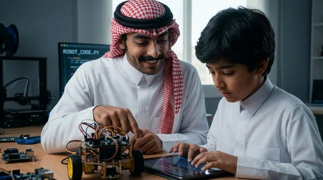 أب سعودي وابنه يتعلمان البرمجة والروبوتات