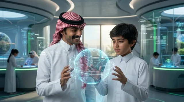 معلم سعودي وطالب مع هولوغرام مستقبلي ثلاثي الأبعاد