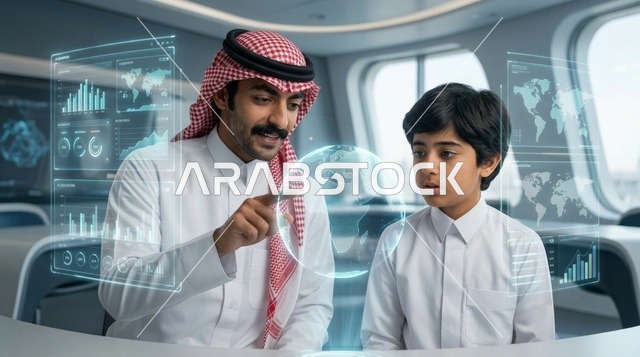 رجل سعودي وطفل مع مجسم هولوجرام مستقبلي