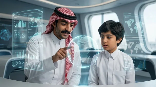 رجل سعودي وطفل مع مجسم هولوجرام مستقبلي